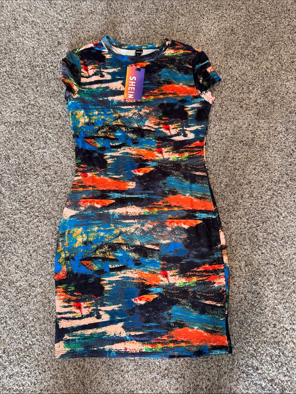 SHEIN Multicolor Abstract Bodycon Dress - Blue/Orange/Black